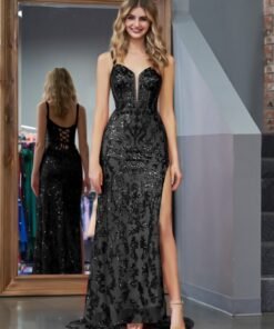 Sparkly Blue Sheath Sequins Long Prom Dress with Slit